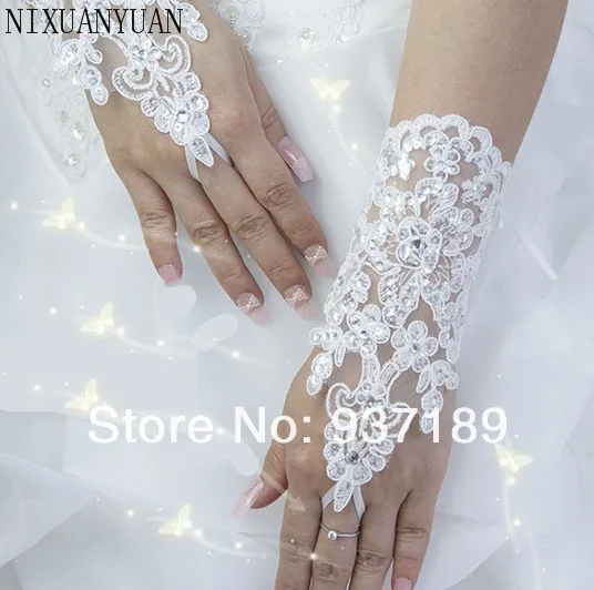 

Free Shipping Wholesale Hot Sale White Elegant Write Fingerless Short Paragraph Rhinestone Bridal Wedding Gloves