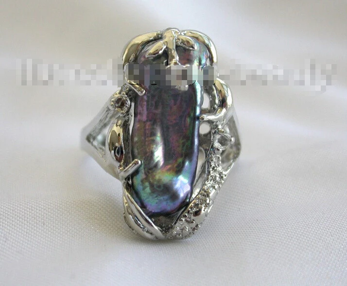 

BUDSRN Free shipping >>>>>>stunning big 25mm baroque black biwa freshwater cultured pearl ring m25