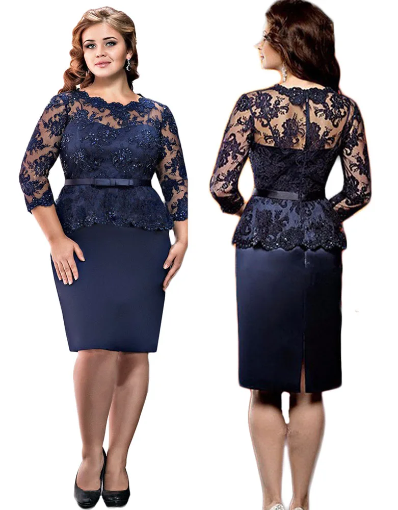 

Plus Size Mother of the Bride Dresses 2019 Sheath Knee Length 3/4 Sleeves Lace Evening Gowns for Women vestido de madrinha