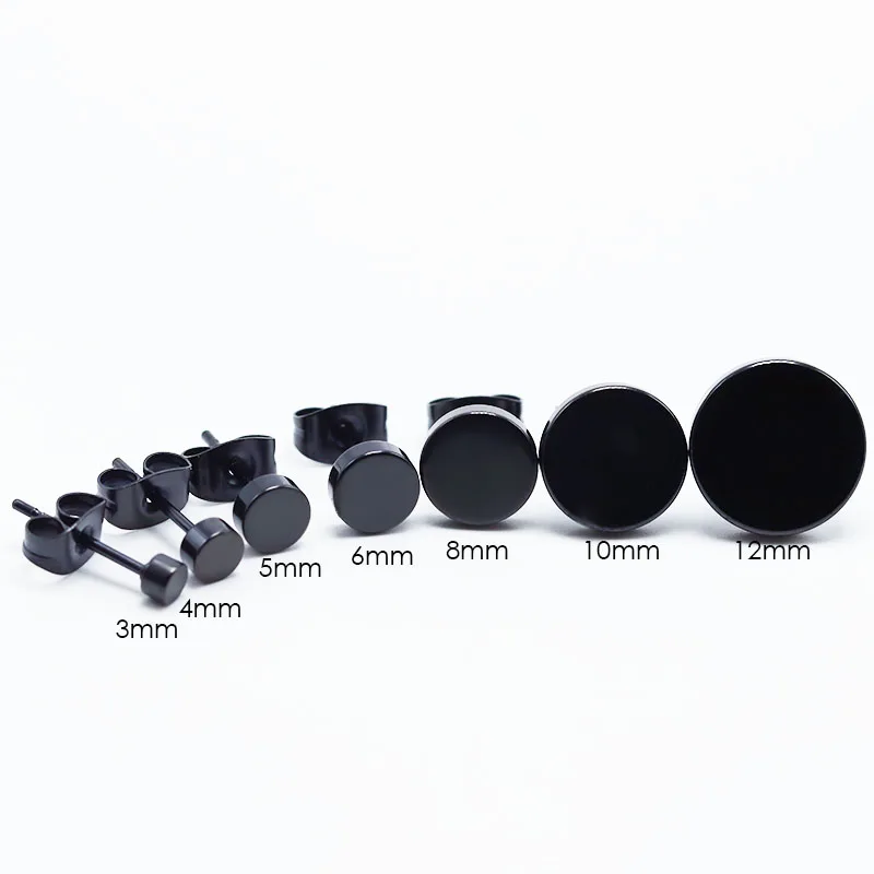 1Pair Men's Ear Studs Earrings Stainless Steel Round Ear Button Black 3mm -12mm Punk Style Pendientes Brincos Anti-allgergic New3