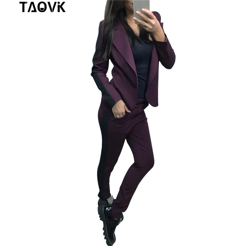 TAOVK Stylish Skinny womans Sets OL Pant Suits side strip tracksuit lapel lining short Blazer font