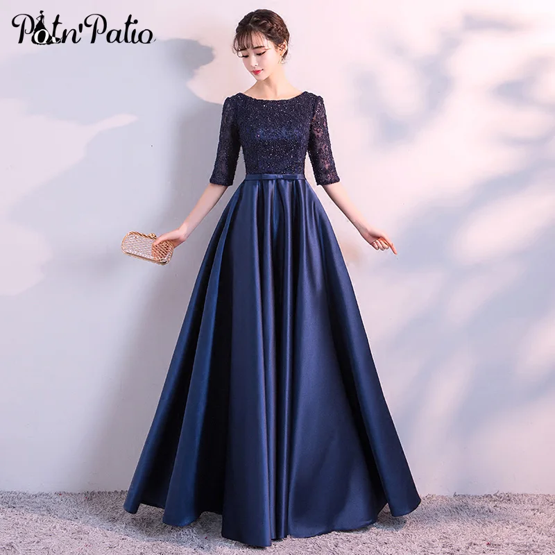 Navy Blue Evening Dresses Long Elegant Simple Formal Dress Plus Size Satin Evening Gown With Lace Sleeves 2018