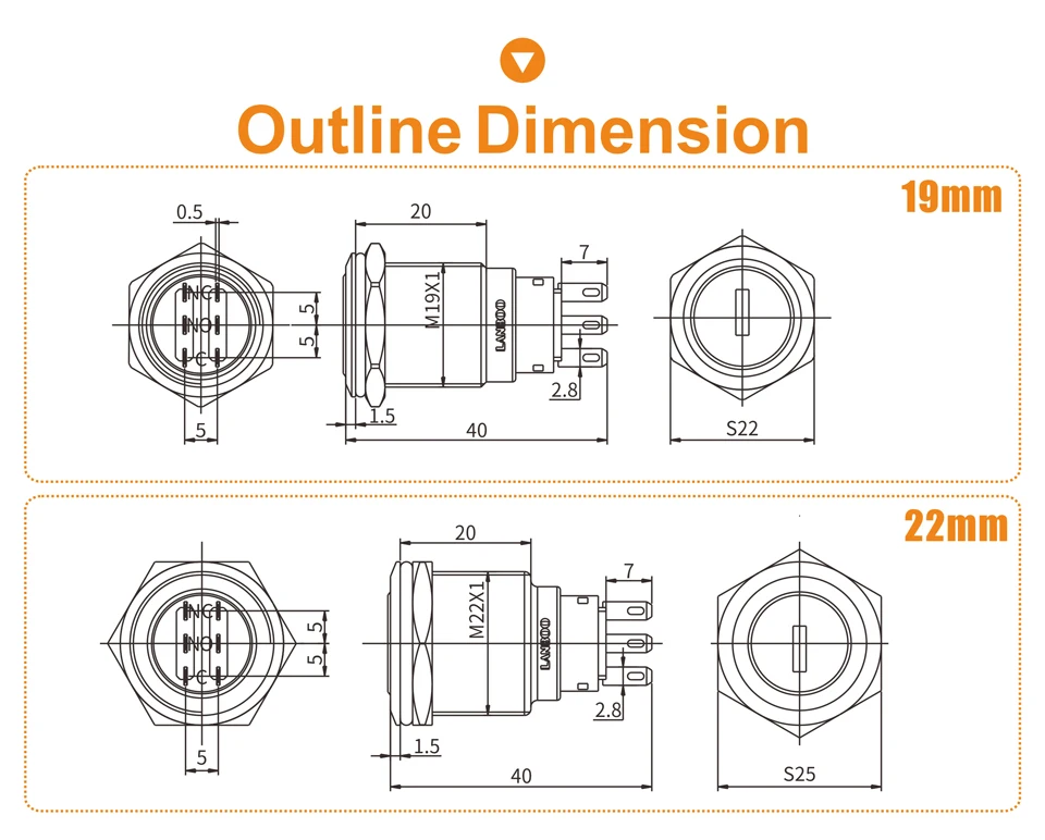LANBOO 19 мм 1NO1NC/2NO2NC 2 позиционный вставной переключатель с кнопкой ключа