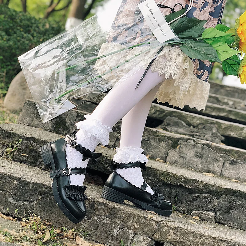 Summer Sweet Lolita Princess Shoes Japanese Girls Cute Bow Low Heel Black Flat Platform Student Uniform | Тематическая одежда и