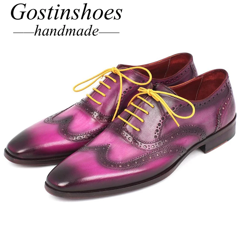 

GOSTINSHOES HANDMADE Goodyear Welted Men's Formal Brogue Oxfords Cow Leather Hand-Painted Lace-Up Pointed Toe 8 Styles SCT13
