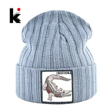 Fashion Skullies Beanies Men Women Knitted Wool Hats With Crocodile Patch Double Layer Knitting Bonnet Cap Unisxe Streetwear Hat