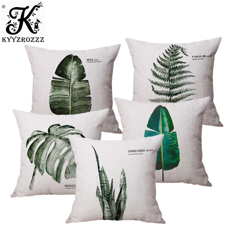 

Plants Palm Leaf Green Leaves Monstera Cushion Covers Hibiscus Flower Cushion Cover Decorative Beige Linen Pillow Case