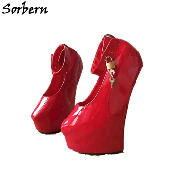 

Sorbern Sexy Fetish Heelless Hoof Sole Women Pump Wedge High Heel Platform Pump Lockable Padlock Strap Patent Red Shoes Big Size