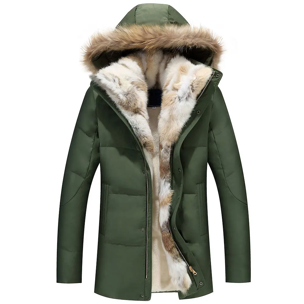 Шерстяной подклад куртки мужские зимние с капюшоном толстые теплые пуховые пальто мужские длинные парки женские с перьевым меховым воротником шляпа ветровка от снега - Цвет: Зеленый