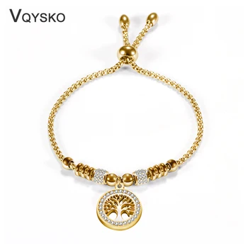 

Crystal Paved Hollow Tree Charm Bracelets for Women Adjustable Stainless steel DIY Jewelry Gift Bracelet With Metal Beads