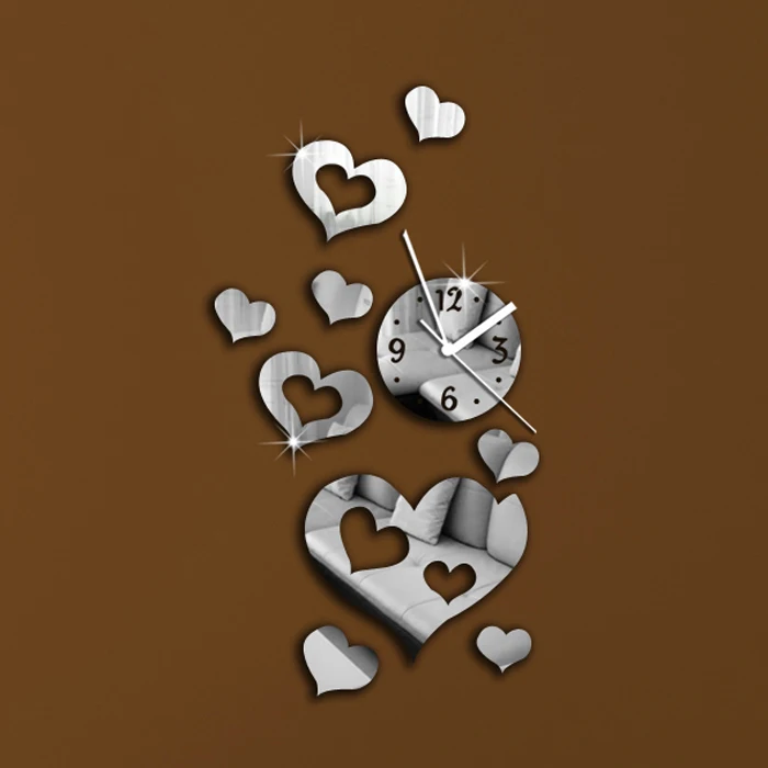 Best Love Hearts Art Modern Luxury Design DIY Removable 3D Crystal Mirror Wall Clock Wall Sticker Living Room Bedroom Decor