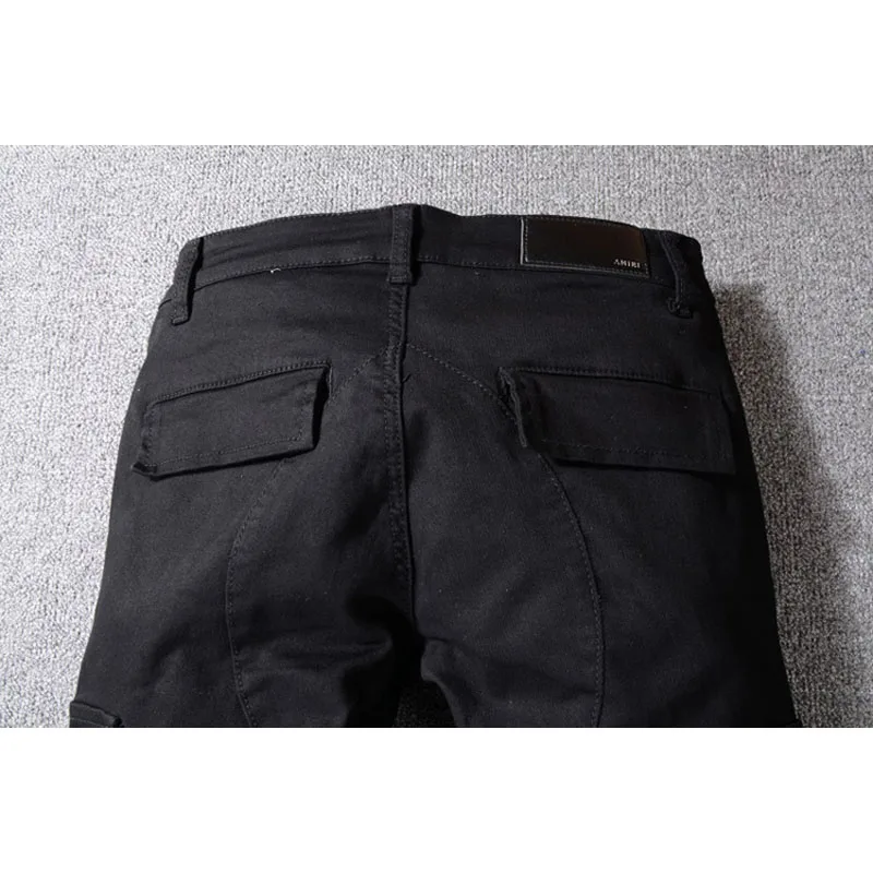Fashion Mens Jeans Distressed Slim Pants Embellished Ribbed Stretch Pants Black Men Biker Jeans Slim Trousers Men Clothes