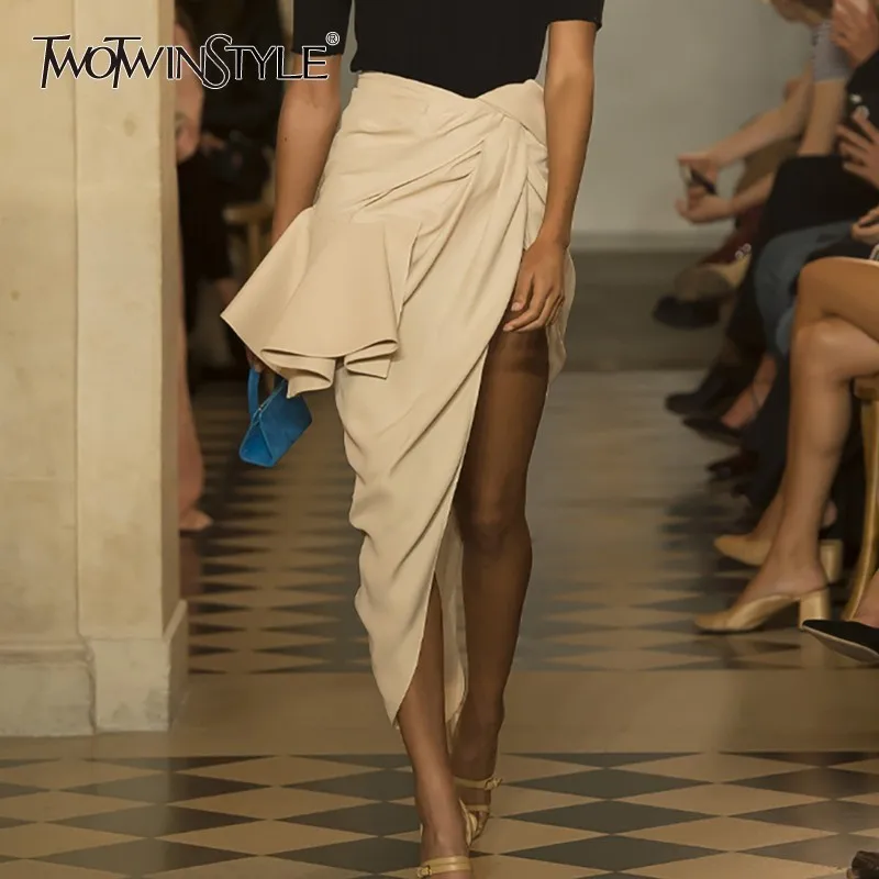 

TWOTWINSTYLE Summer Irregular Solid Skirt For Women High Waist Ruffles Split Slim Midi Skirts Female Fashion 2019 Elegant New
