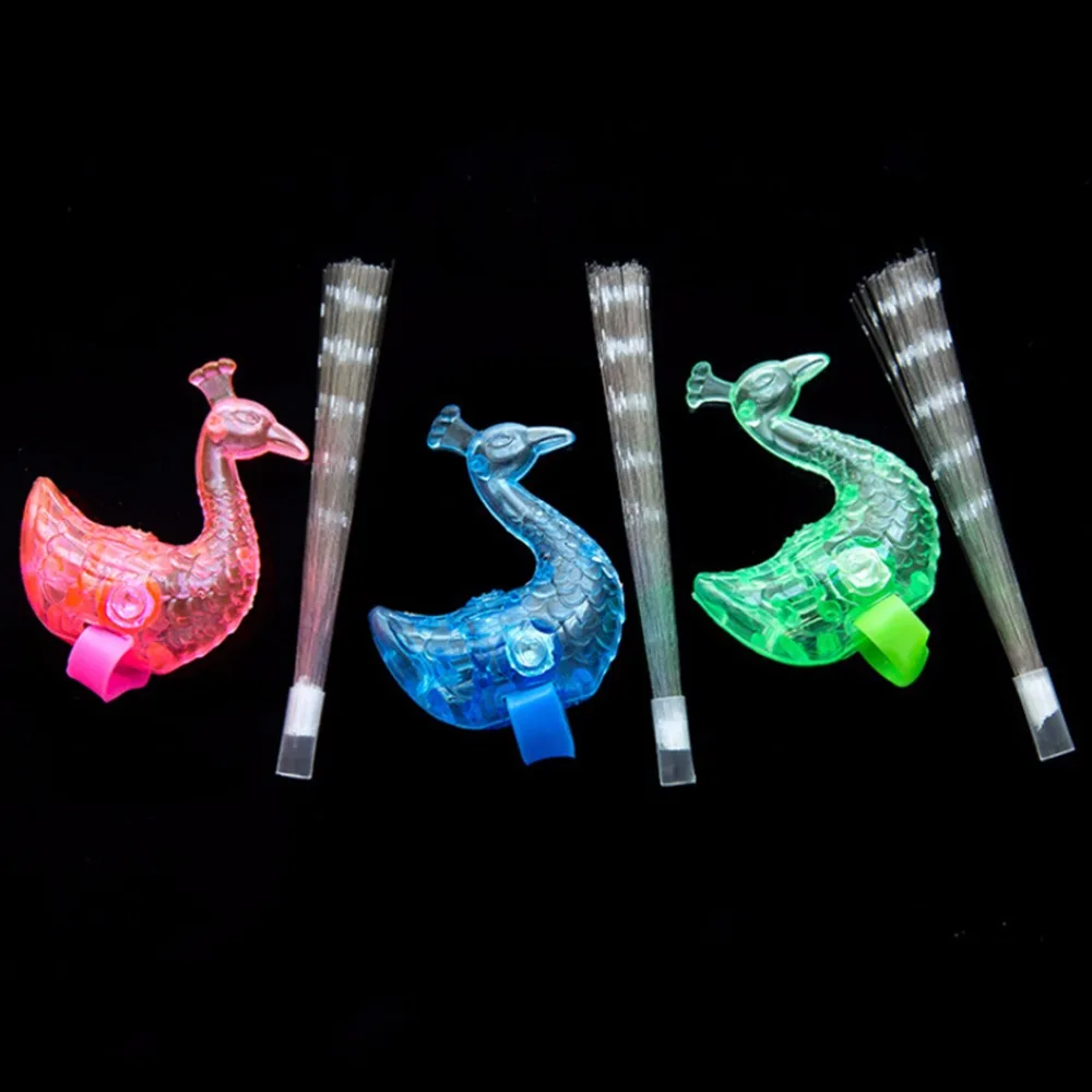 1Pcs LED Glow Peacock Finger Light Laser Beams Ring Optical Fiber Toy Flash Kid Fluorescent Shiny Neon Flashing Toys Random