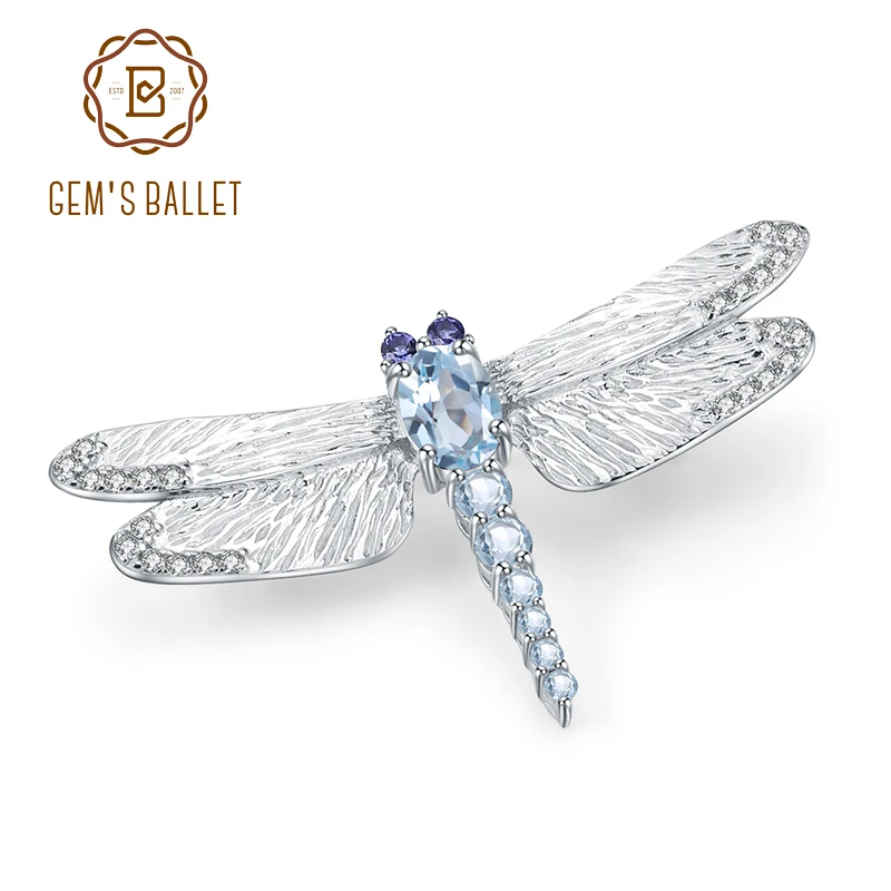 GEM'S BALLET 1.41Ct натуральный голубой топаз Броши для женщин 925 пробы серебро ручной работы дизайн стрекоза брошь хорошее ювелирное изделие