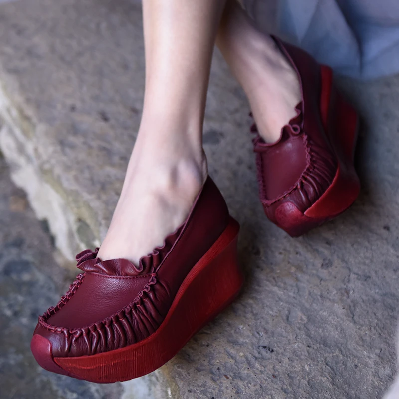 Cuir À Artmu Main Plate Véritable Rétro Talons Épaisse forme wine Volants La Femmes En 65 Red 936 Semelle Hauts D'origine Pour Pompes Chaussures Khaki Coins qaPq6Anxz