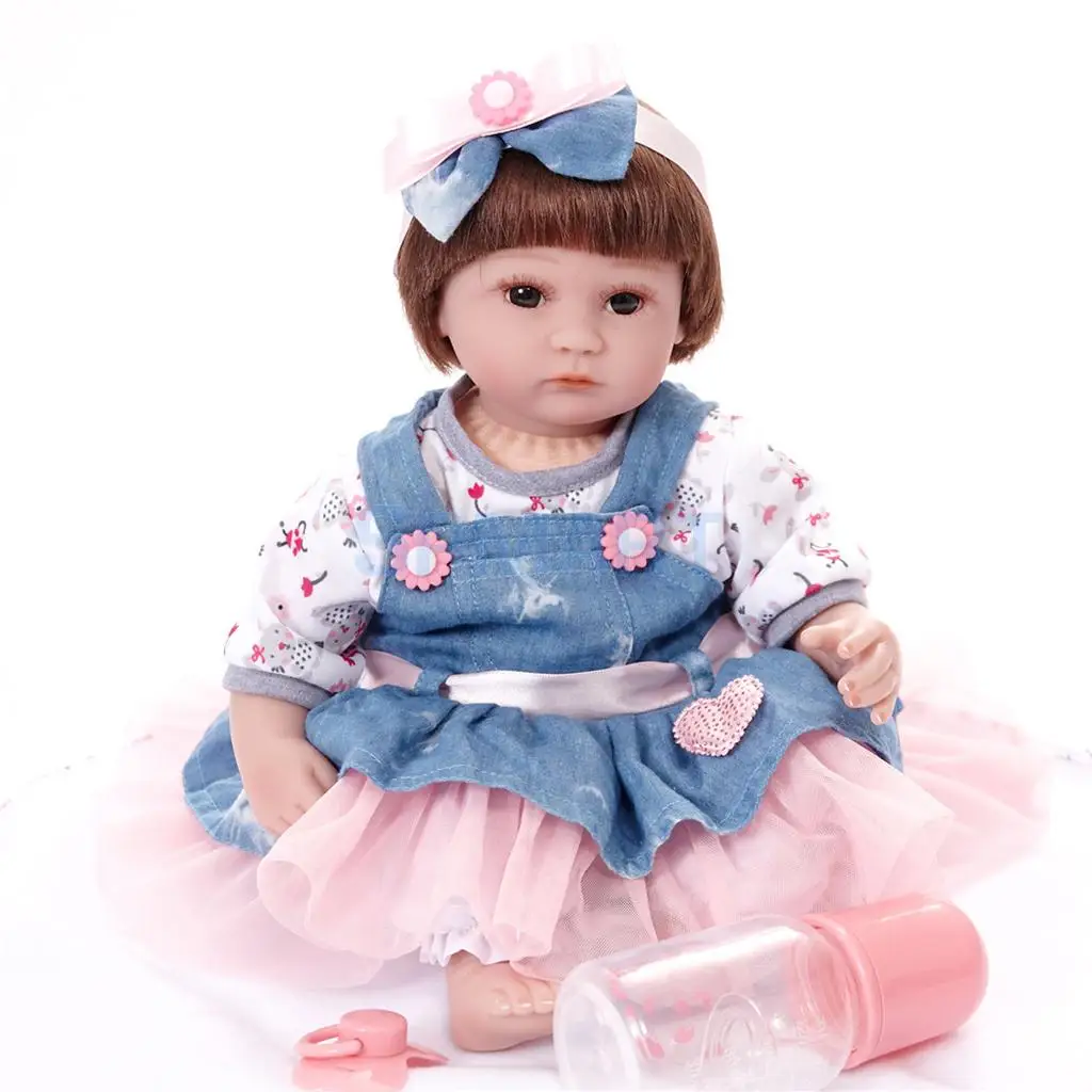

Real Life 17inch Reborn Awake Baby Doll Newborn Size Fake Toddler Doll Dress in Denim Dress Acrylic Brown Eyes