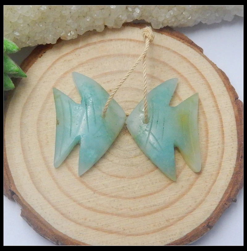 

Sales 1Pairs Natural Stone Amazonite Carved Fish Gemstone Earring Bead 29x19x4mm 5.8g