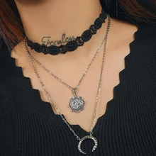 Новая Мода Черная веревка многослойное ожерелье пентаграмма кисточкой кулон богемное кружевное ожерелье многослойное ювелирное изделие в форме Луны 1N176