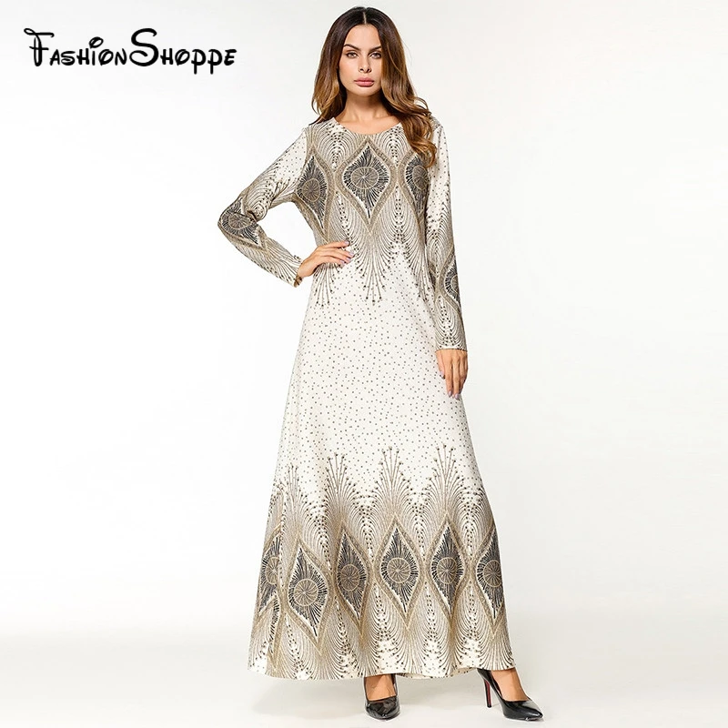 

Ethnic Appliques design women Maxi dress round neck long sleeve Middle east muslim tunic Autumn malaysia Thailand dress D398