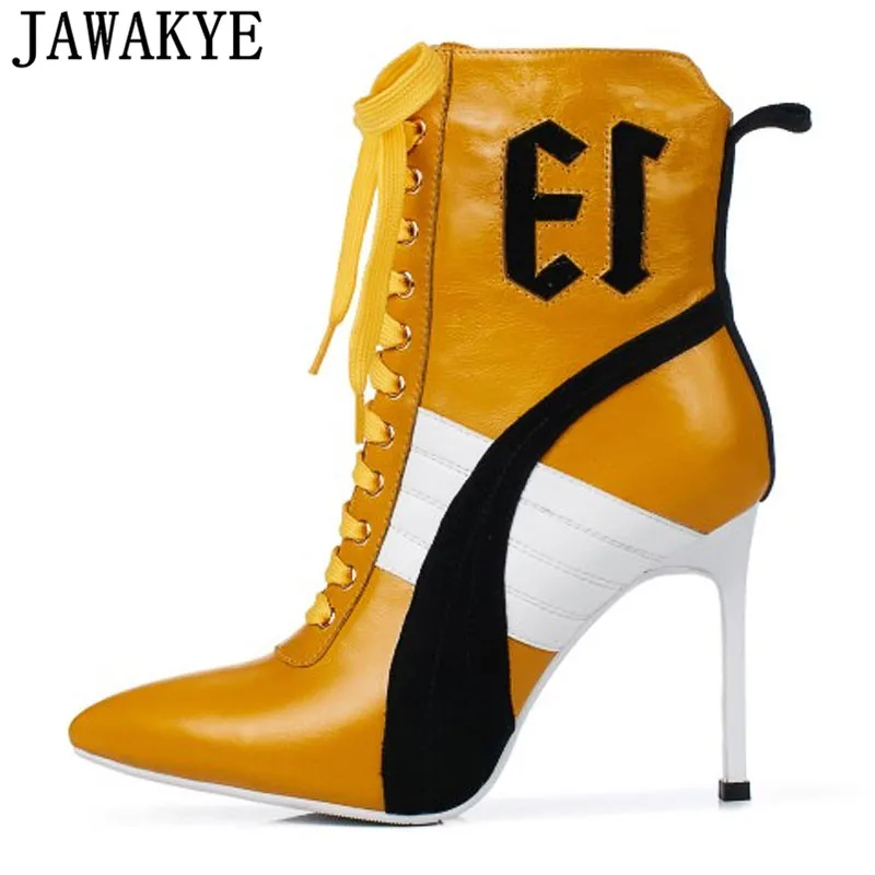 

2018 Genuine leather Ankle Boots for women high heels Short Boots patchwork pointed toe runway style matin shoes plus size