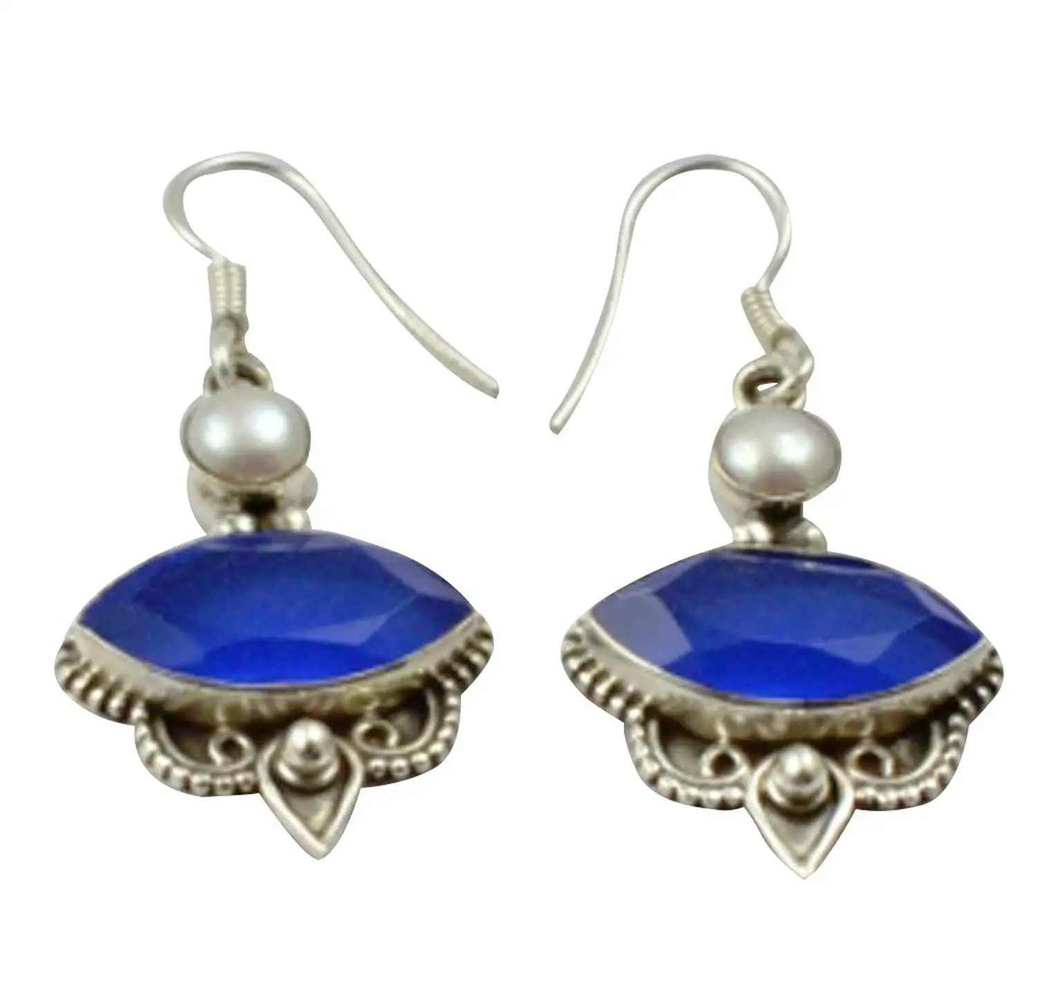 

LoveGem Genuine Blue Chalcedony & Pearl EARRINGS 925 Sterling Silver, 40mm, AE2349