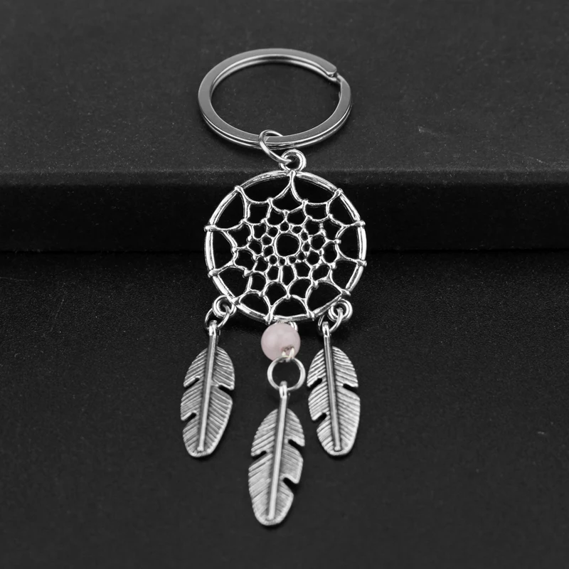 Большой Серебряный тон металлический брелок для ключей Ловец снов розовый камень шарик перо кулон ювелирные изделия подарок