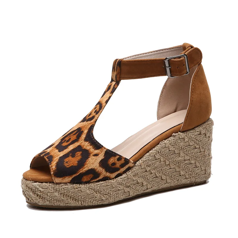 

New Leopard-print Shoes EuropeanAmerican Large-sized Thick-soled Sloping Hemp Rope Knitted 35-43 High-heeled Fishmouth Shoes