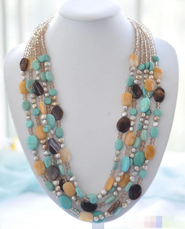

951 pearl jade agate turquoise smoky quartz NECKLACE