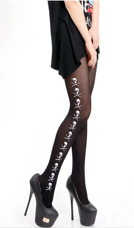 

50pairs/lot European and american style woman Solid Sexy side Skull Tattoo Black Pantyhose Tights