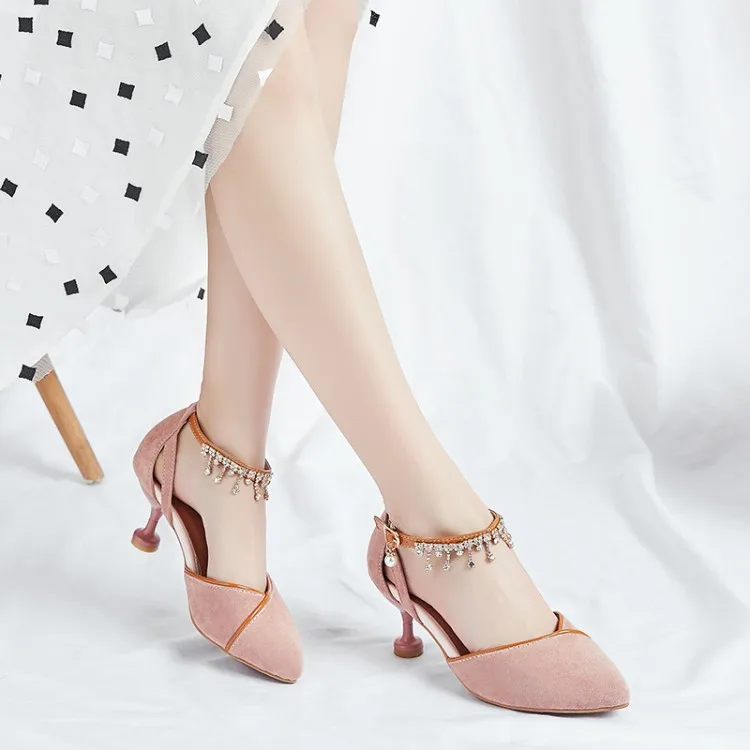 

BigSize 9 10 11 12 high heels sandals women shoes woman summer ladies Shallow Suede Sandals with pointed buckle drill
