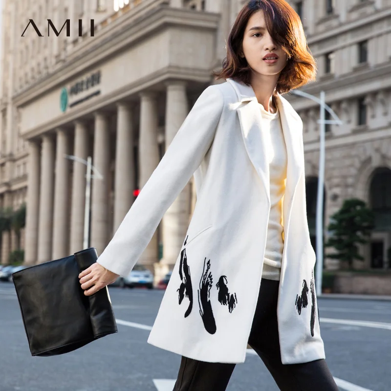 

Amii Casual Minimalist Women 2018 Winter Woolen Coat Embroidery Turn-down Collar Covered Button Female Wool Blends