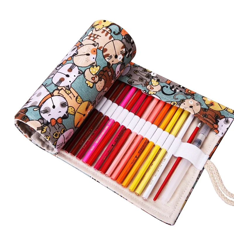 Cute-Cartoon-Cat-Matita-Su-Tela-Caso-36-48-72-Holes-Rotolo-Scuola-Grande-Capacit-Sacchetto