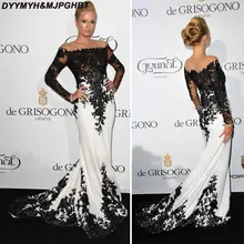 Elegante Met Gala Zwart en Wit Celebrity Dress Sheer Jewel Geappliqueerde Lace Lange Mouwen Mermaid Lange Avondjurken