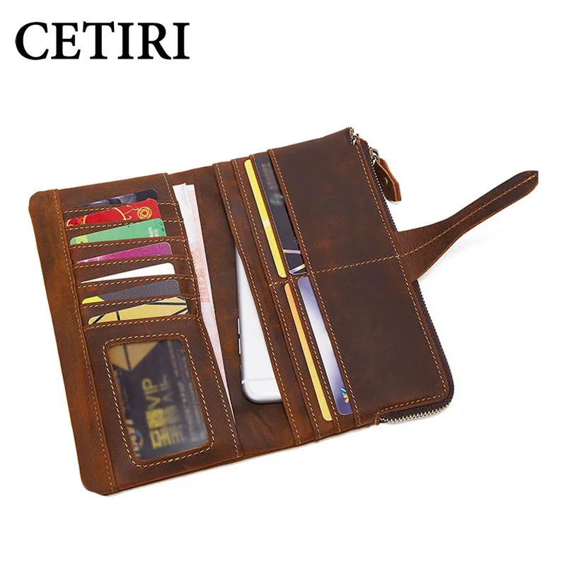 

CETIRI Retro Crazy Horse Wallet Men Genuine Leather Credit Card Holder Men Business Male Long Purse Coin Money Pocket