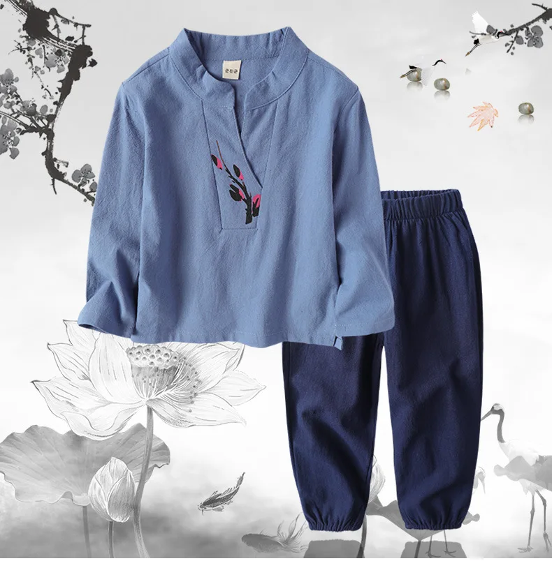 2 шт./компл. хлопок Chinatown Hanfu дети мальчики девочки кунг-фу костюм китайские традиционные костюмы сливы детей комплект одежды