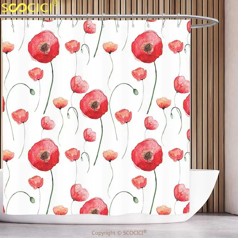 Decorazione per Il Bagno Tenda da Doccia in Tessuto con Fiori di Papavero e Margherite SHUHUI Country Decor Set con Motivo Floreale Blu e Rosso