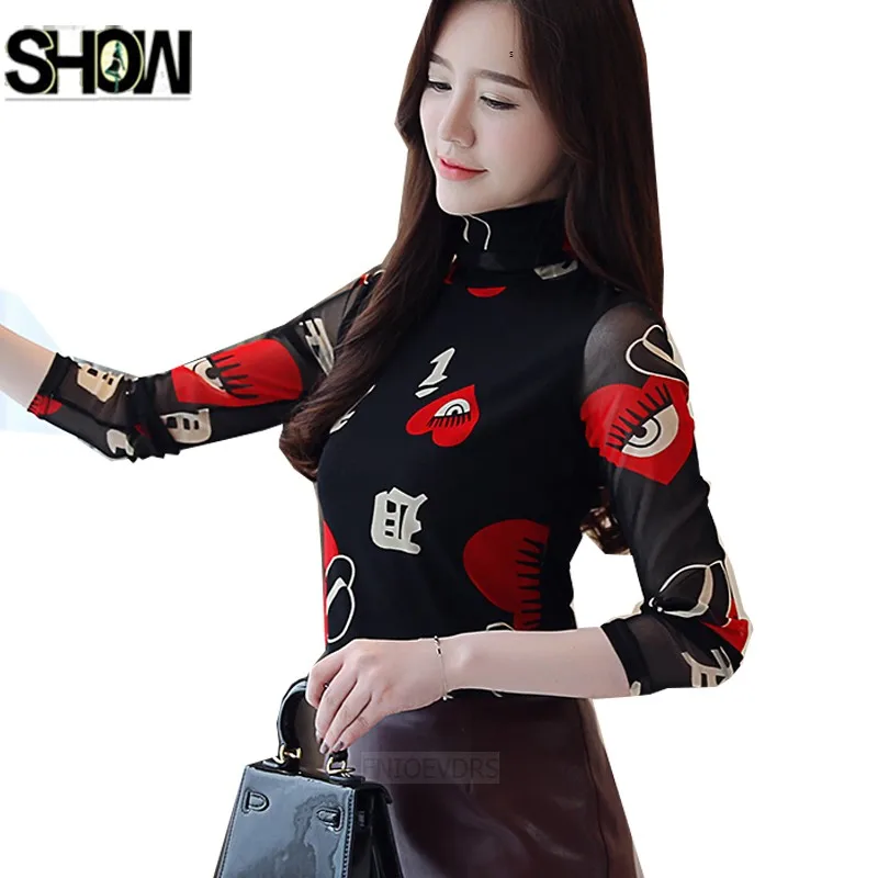 

Autumn Winter Basic Shirts Blouses Women Long Sleeve Slim Printed Turtleneck Bodysuit Tops Black Warm Velvet Blouse Top 2239