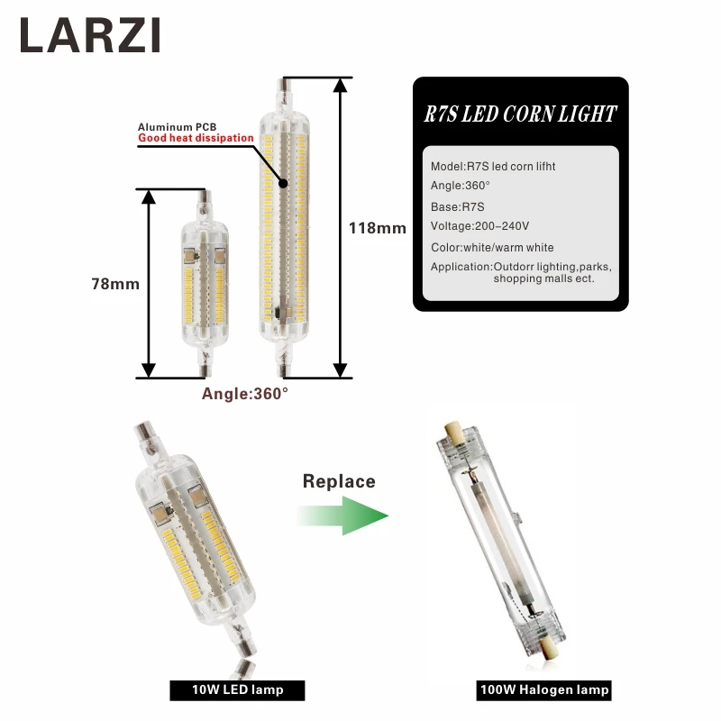 LARZI СВЕТОДИОДНЫЙ R7S 10 Вт 78 мм 15 Вт 118 мм лампа 360 градусов лампада светильник R7s SMD 3014 Светодиодный s лампа замена галогенной лампы 20 мм Диаметр