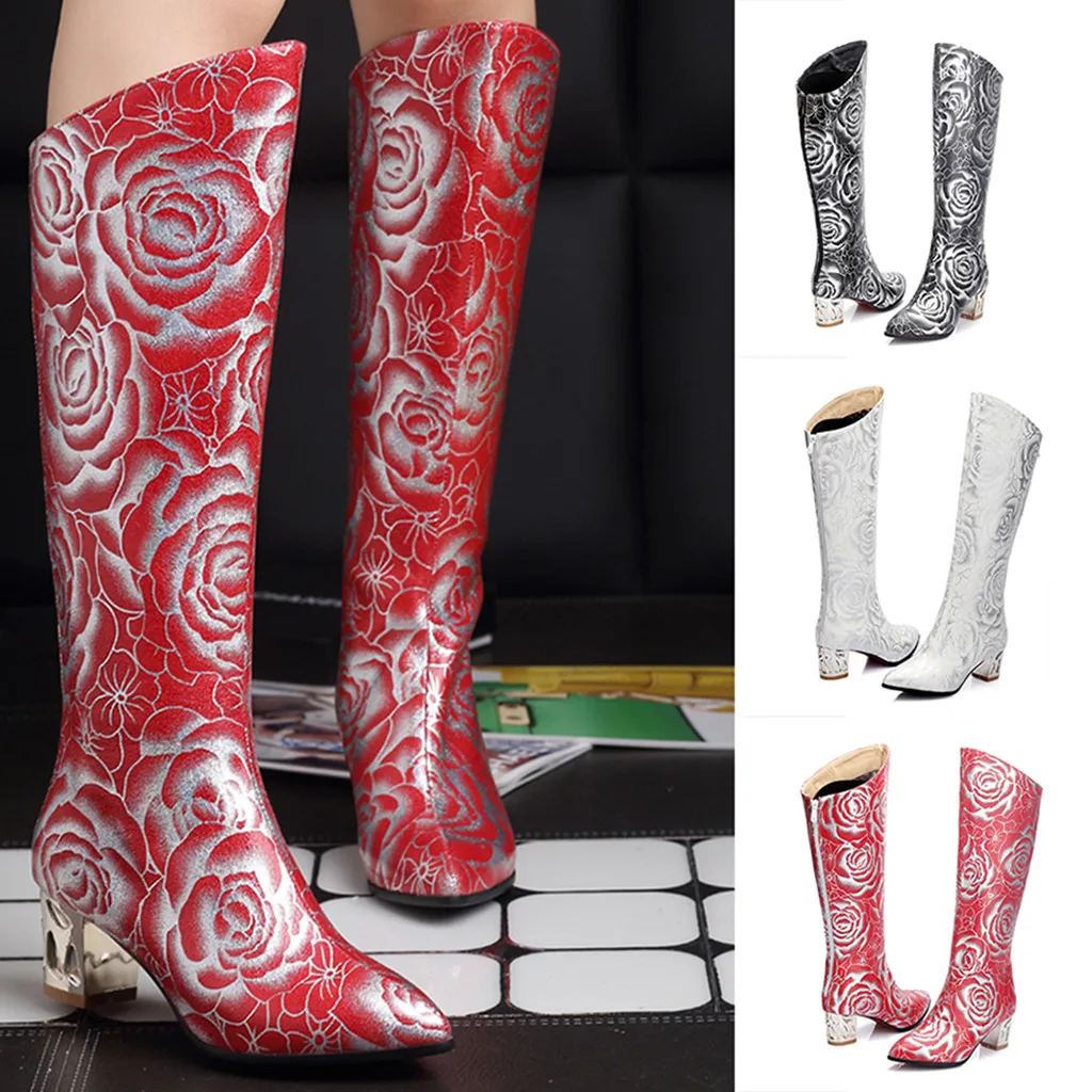 

2018 Women's winter Boots Snow boots Pointed Lady High Tube Boots Retro Print High Heels Back Zipper Female Shoes Fashion Walk