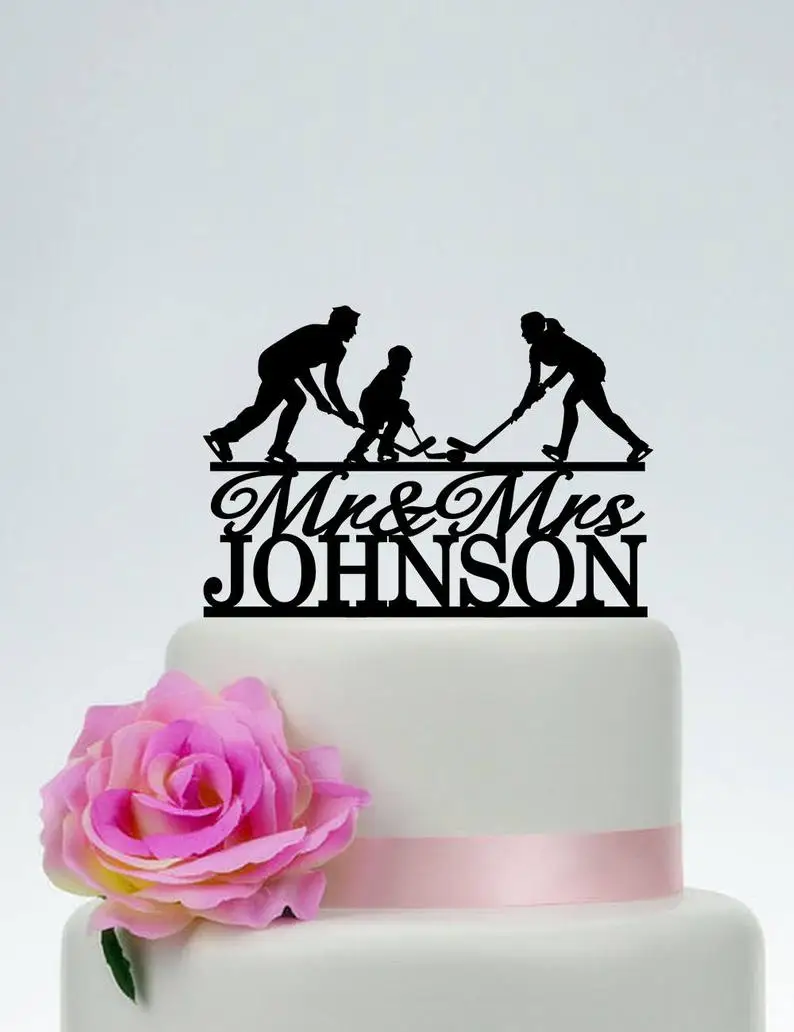 Couple With Child Custom Cake Topper Hockey Player Silhouette Ice