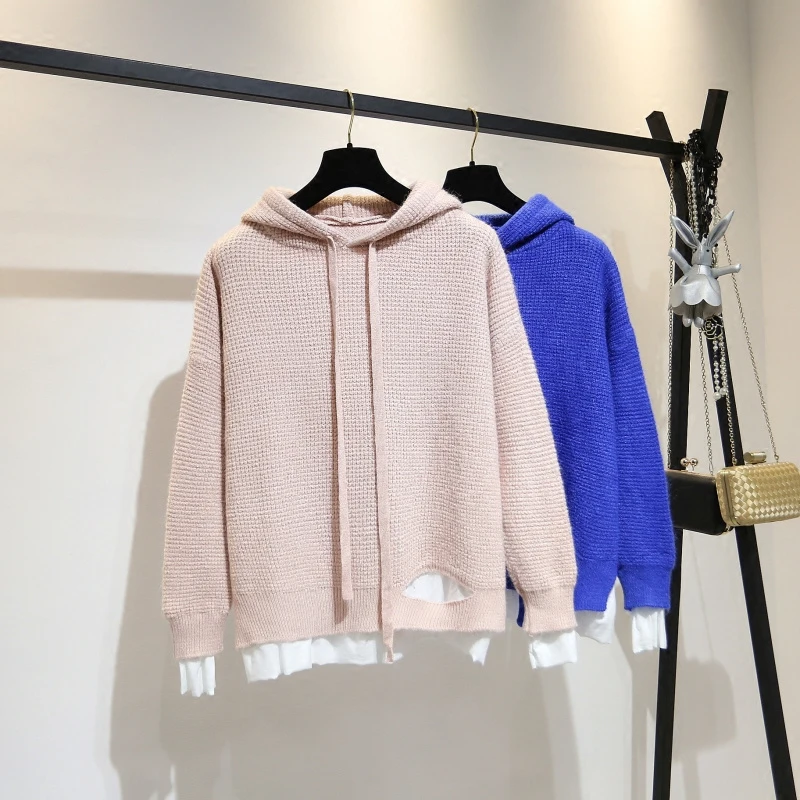 

New Spring Autumn Casual Faux Two Pieces Knitted Sweatshirts Women Patchwork Pullovers Hooded Coat Loose Hole Hoodies Tops Mw486