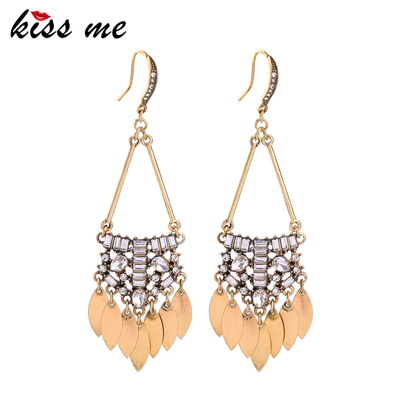 

KISS ME Antique Gold Color Vintage Big Earrings for Women Zinc Alloy Crystal Drop Earrings Fashion Jewelry