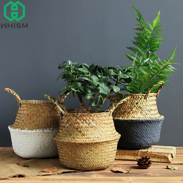 WHISM Storage Basket Rattan Straw Basket Wicker Folding Flower Pot Seagrasss Flower Baskets Garden Planter pot de fleur suspendu