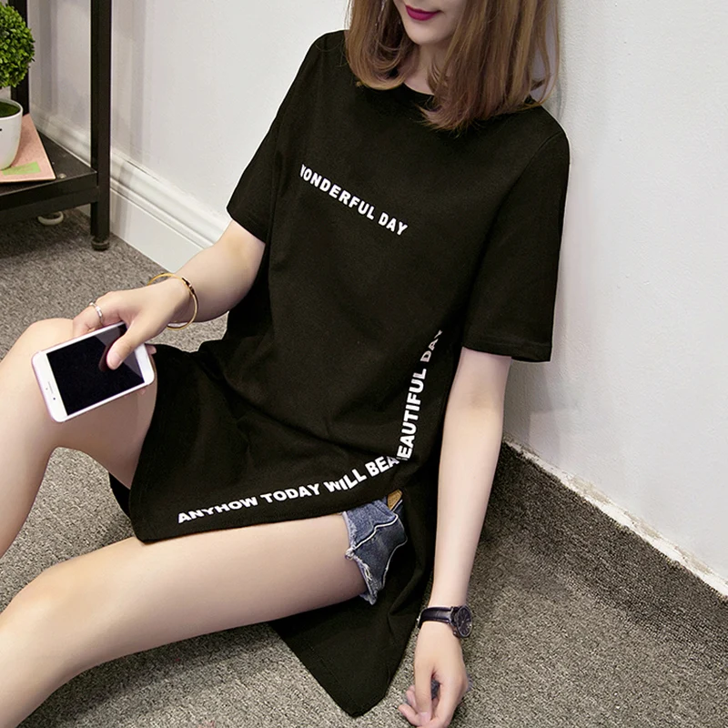 

Womens Large Size Summer T-shirt Letter 2019 Women Long T-shirt Split tops Black White Korean Shirts