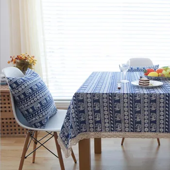 

100% Waterproof Cotton Linen Elephant Printing Lace Design Rectangle Tablecloths Indoor Outdoor Table Covers for Dining Table
