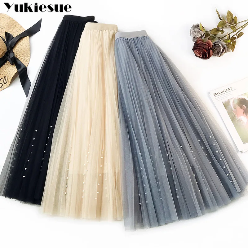 2019 spring Summer beading Tulle Skirt Women pleated shiny tutu skirt A-line mesh midi female long elegant solid | Женская одежда