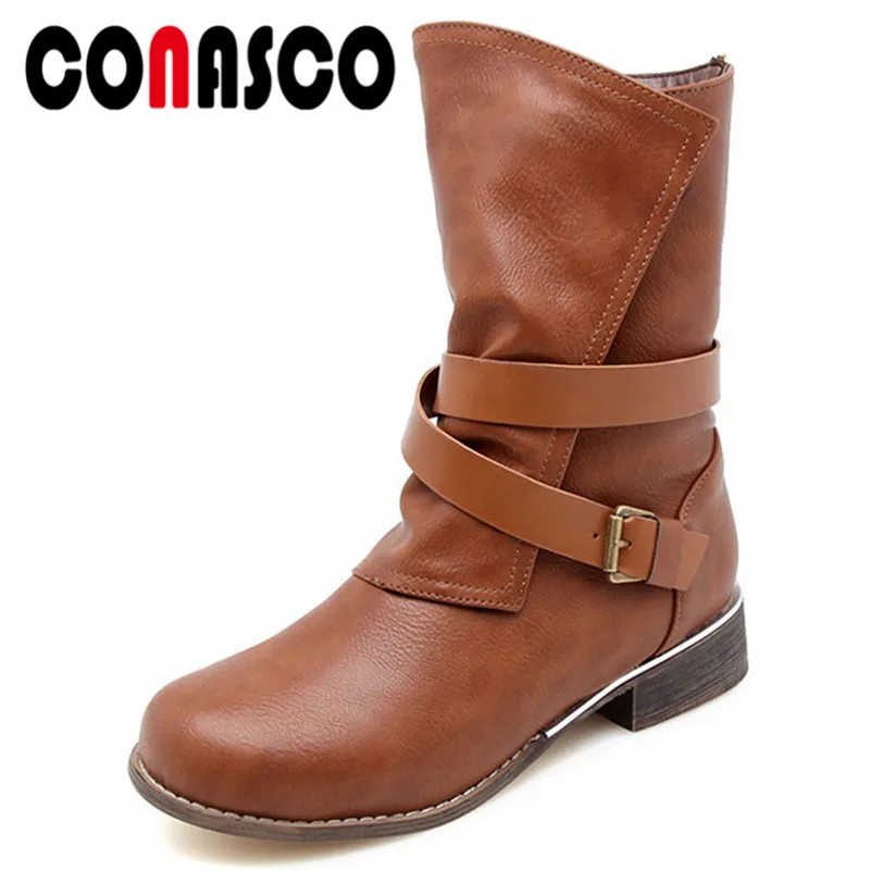 

CONASCO moda Mis-pantorrilla motocicleta botas mujeres tacones gruesos Otoño Invierno alto Martin zapatos mujer punta redonda Casual botas