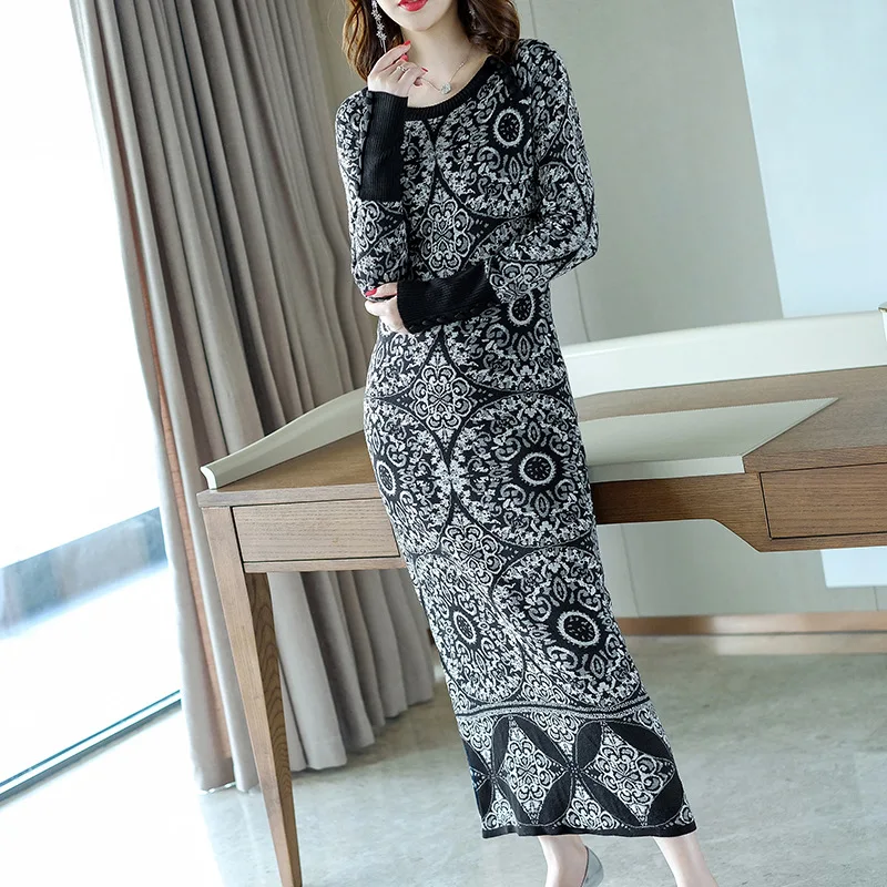 2018 Autumn Winter Warm Sweaters and Pullovers Women Wool Acrylic Blends Knitted Full Sleeve Vintage Long Sweater Dress Jumpers