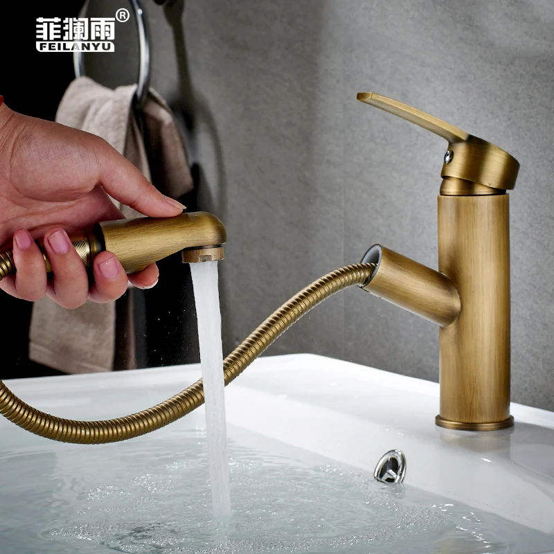 

Antique Kitchen Faucet Universal Bronze Bathroom Tap Pull Out Swivel Spray Single Diamond Handle Sink Mixer Taps Hot Cold Water